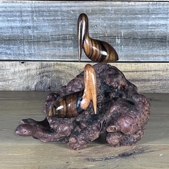 Hand Carved Pelican Birds Burl Knobby Wood Base Figurine Nautical Beach Decor